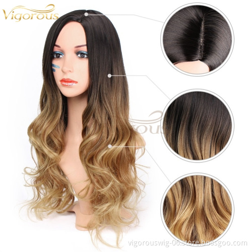 Vigorous High Quality Synthetic Long Wavy Ombre Brown Wig for Women Cosplay Heat Resistant Fiber Curly Colorful Wig